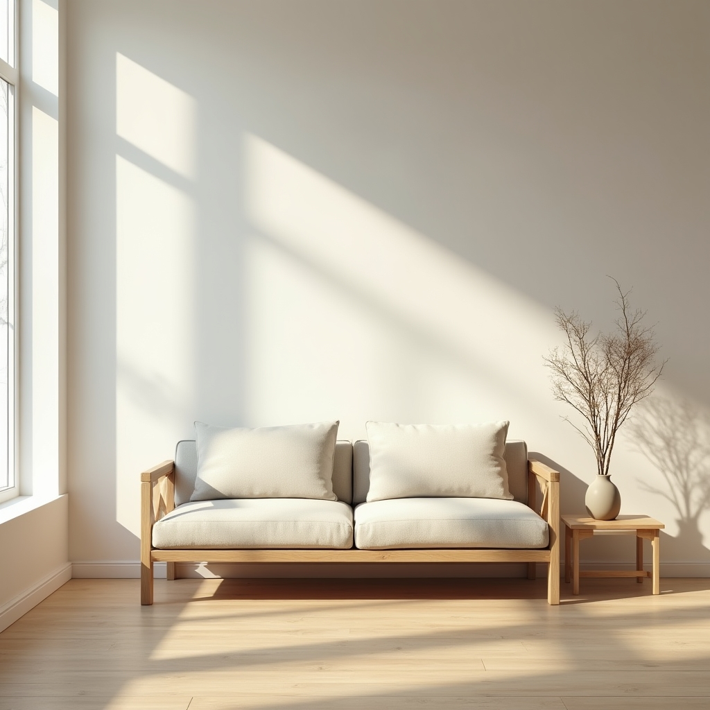 Aufgeräumter minimalistischer Wohnraum mit wenigen ausgewählten Gegenständen