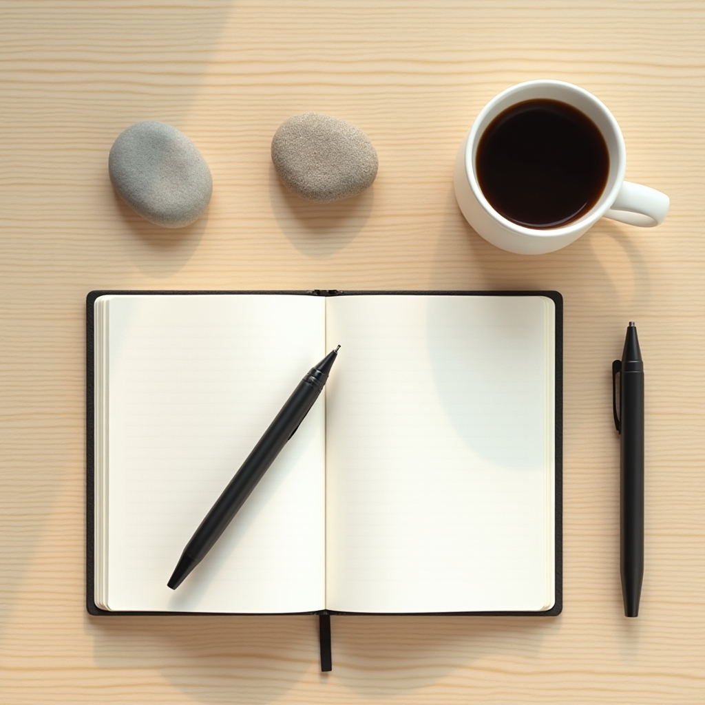 Minimalistischer Arbeitsplatz mit wenigen bewusst gewählten Objekten