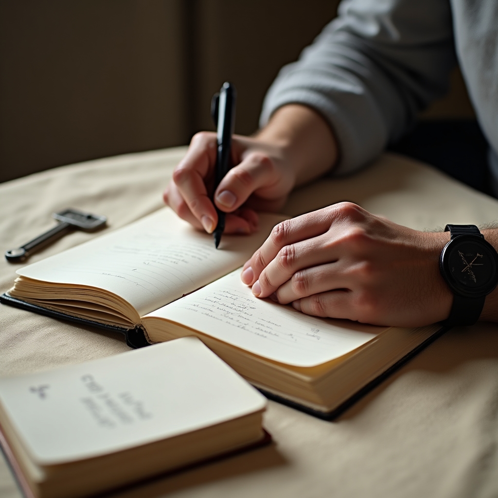 Person schreibt in ein Notizbuch während einer Reflexionsübung